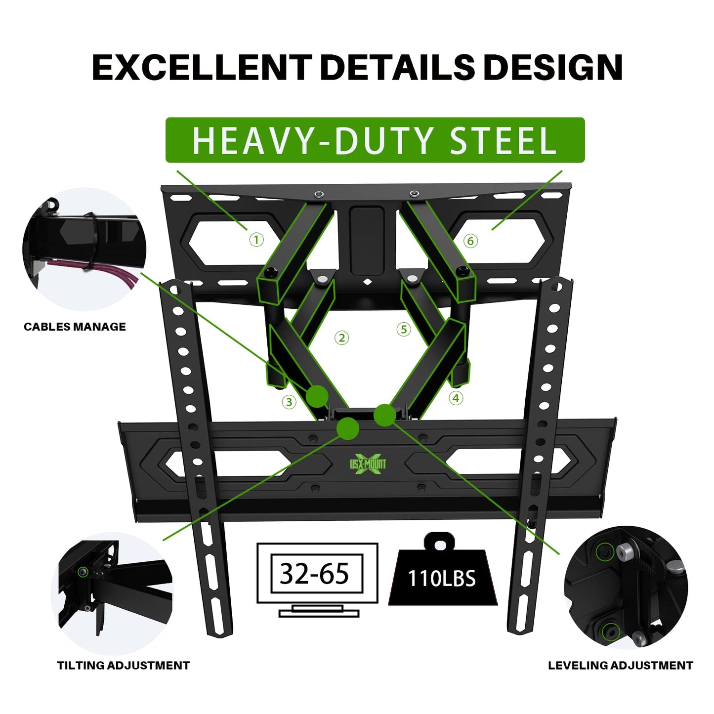 USX MOUNT TV Wall Mount for 32-65 inch Flat Screen/LED/4K up to 110lbs, Full Motion TV Mount Bracket with Swivel & Tilt Articulating Dual Arms, Max VESA 400x400mm, Fits 12/16" Wood Studs