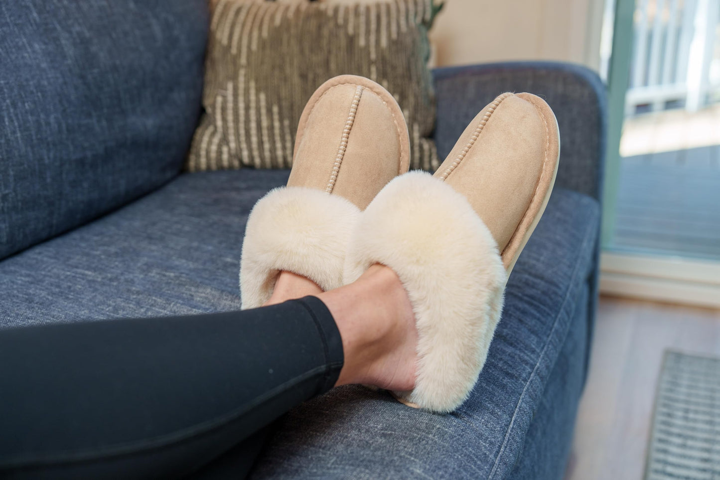 Donpapa Womens Slipper with Memory Foam Fluffy Soft Warm Slip On House Slippers Anti-Skid Cozy Plush for Indoor Outdoor Tan Large