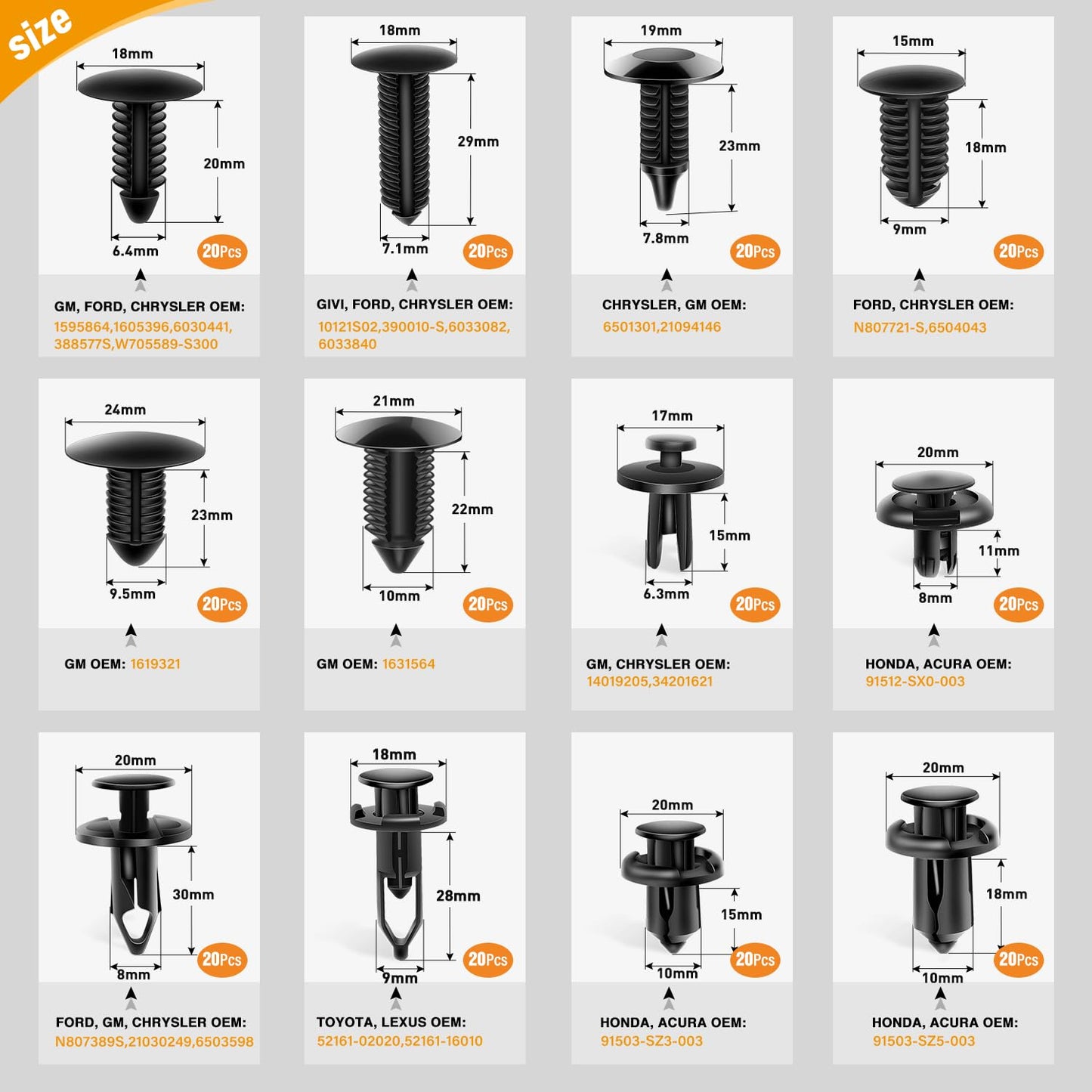 GOOACC - GRC-33 240PCS Bumper Retainer Clips Car Plastic Rivets Fasteners Push Retainer Kit Most Popular Sizes Auto Push Pin Rivets Set -Door Trim Panel Fender Clips for GM Ford Toyota Honda Chrysler