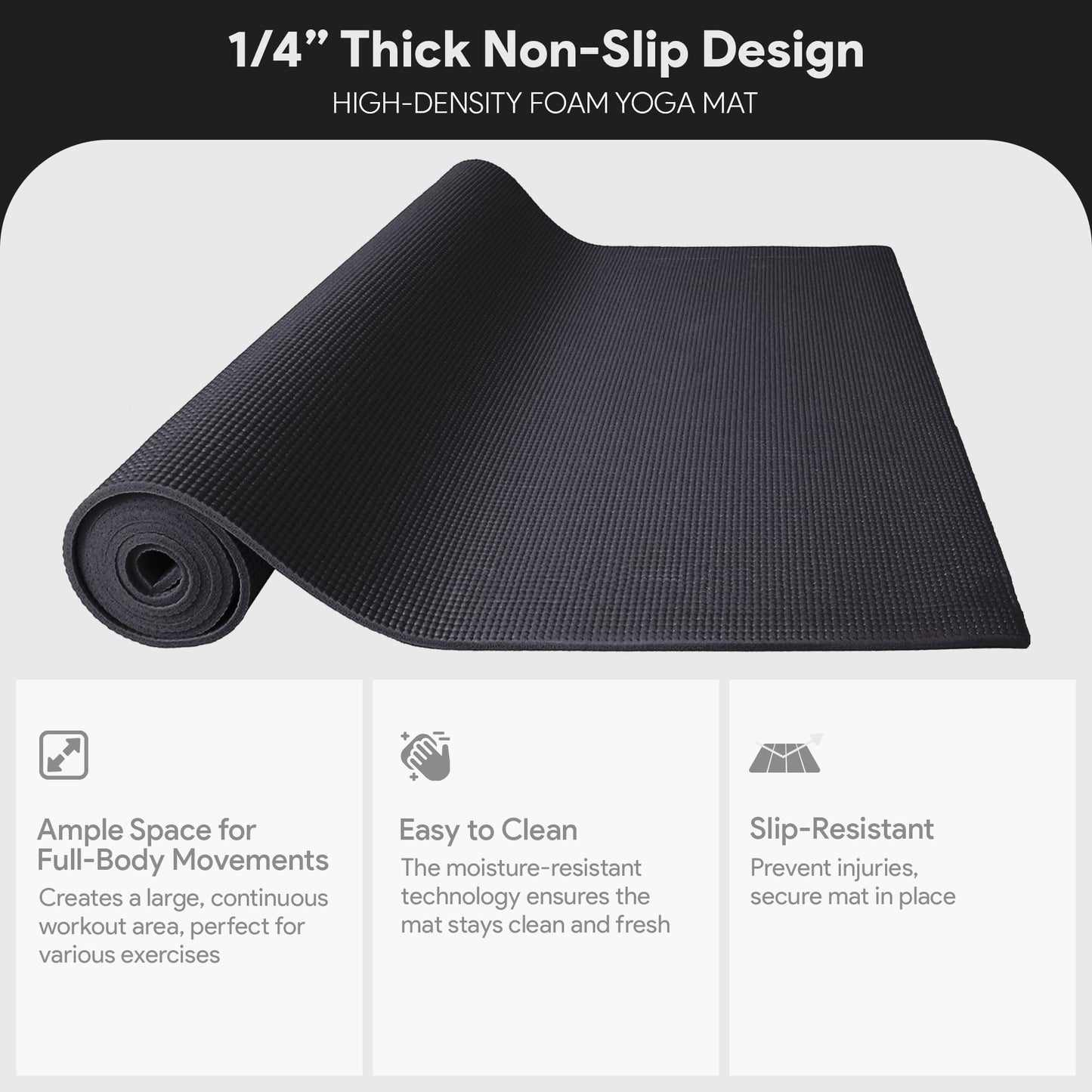 Fitvids 1/4-Inch High Density Thick Non Slip Yoga Mat with Knee Pad and Carrying Strap for Workout, Pilates, Gym Home Exercise, Black