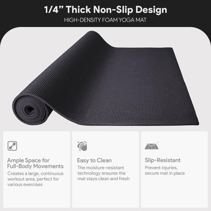 Fitvids 1/4-Inch High Density Thick Non Slip Yoga Mat with Knee Pad and Carrying Strap for Workout, Pilates, Gym Home Exercise, Black