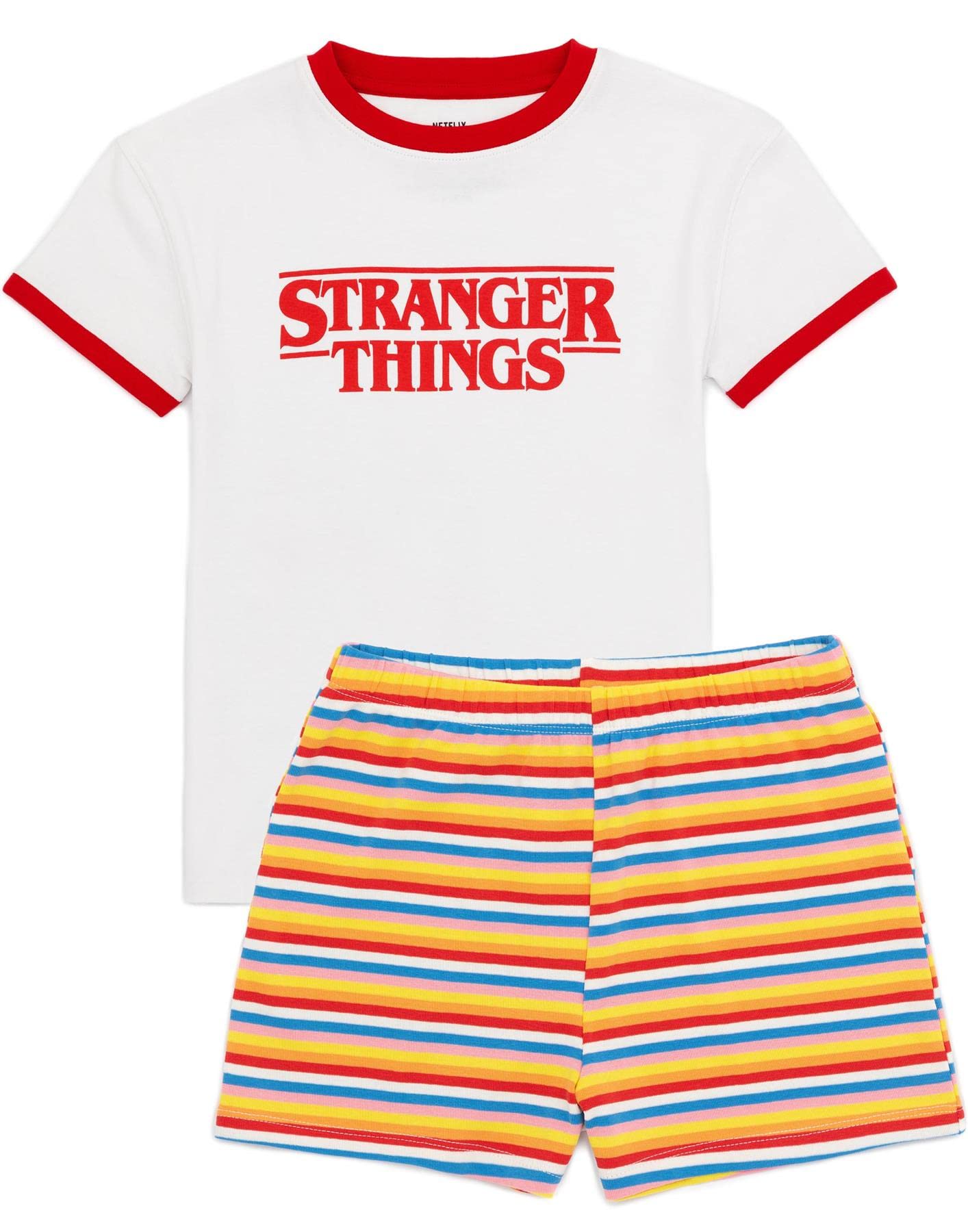Stranger Things Kids T-Shirt & Shorts Daywear Set | Girls Max Character Striped Shorts White T-Shirt Complete Outfit | Netflix Series Merchandise