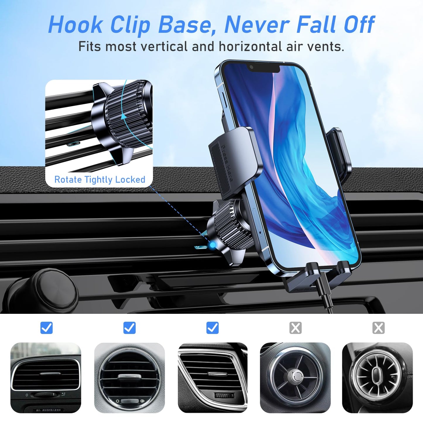 Blukar Car Phone Holder Mount, Super Stable Air Vent Cell Phone Car Mount with 2025 Metal Hook Clip, 360° Rotation,One Button Release for iPhone, Galaxy, Google, and All Other Smartphones