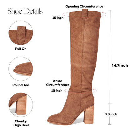 Erocalli Brown Knee-High Boots Suede Boots Fall Boot For Women Chunky Block High Heel Slouchy Boot Round Toe Side Zipper