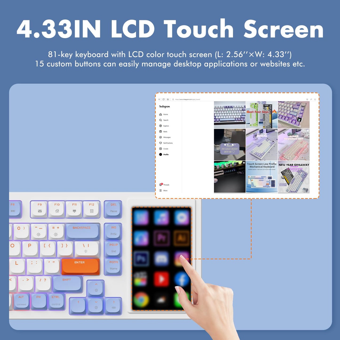 AJAZZ AKP815 75% Low Profile Mechanical Keyboard with 4.33'' LED Touch Screen, Programmable RGB Gasket Wired Keyboard, 16 Keys Custom Desk Controller for Win/Mac