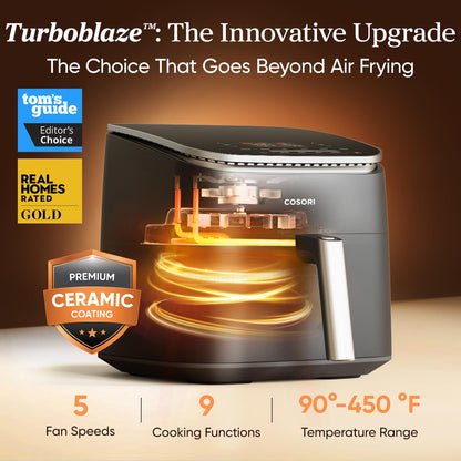 Cosori 9-in-1 TurboBlaze Air Fryer 6 Qt, Premium Ceramic Coating, 90°–450°F, Precise Heating for Even Results, Air Fry, Roast, Bake, Broil, Dry, Frozen, Proof, Reheat, Keep Warm, 120V, Dark Gray