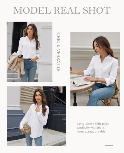 siliteelon Button Down Shirts for Women Dress Shirt Cotton Long Sleeve Collared Shirt Business Work Office Blouse Top White