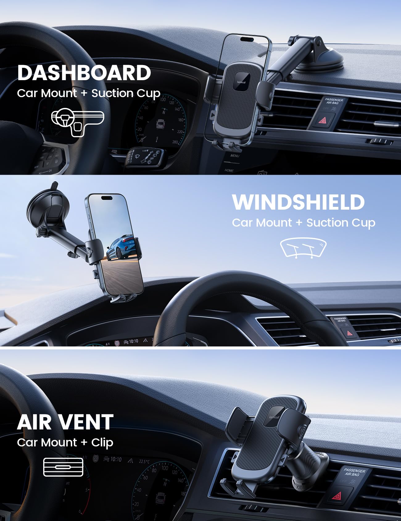 Lamicall Phone Mount for Car [3-in-1 Military-Grade Suction Cup] 360° Rotation Phone Holders for Your Car [Metal Hook] Cell Phone Car Mount Dashboard Vent Windshield for iPhone 17 16 15 Pro Max