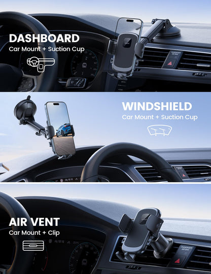 Lamicall Phone Mount for Car [3-in-1 Military-Grade Suction Cup] 360° Rotation Phone Holders for Your Car [Metal Hook] Cell Phone Car Mount Dashboard Vent Windshield for iPhone 17 16 15 Pro Max