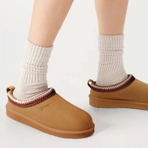 FITORY Women's Suede Slipper, Flat Slip On House Shoes with Faux Fur Lining Indoor Outdoor Short Mini Boots Khaki Size 8