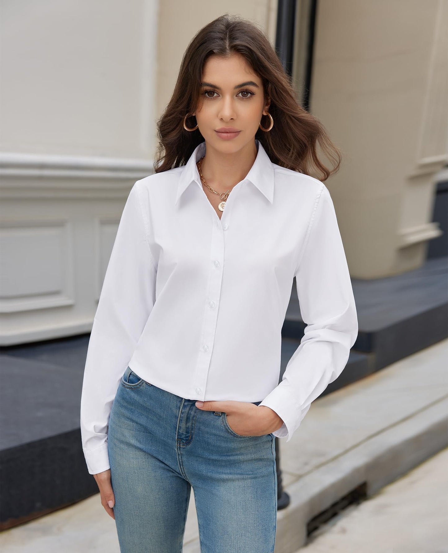 siliteelon Button Down Shirts for Women Dress Shirt Cotton Long Sleeve Collared Shirt Business Work Office Blouse Top White