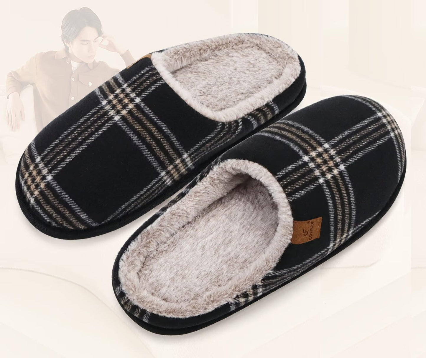 COFACE Mens Black Flano Plaid Cozy Memory Foam scuff Slippers Slip On Warm House Shoes Indoor/Outdoor With Best Arch Support Size 11