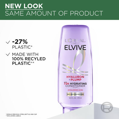 L'Oreal Paris Elvive Hyaluron Plump Hydrating Conditioner for Dehydrated, Dry Hair Infused with Hyaluronic Acid Care Complex, Paraben-Free, 12.6 Fl Oz
