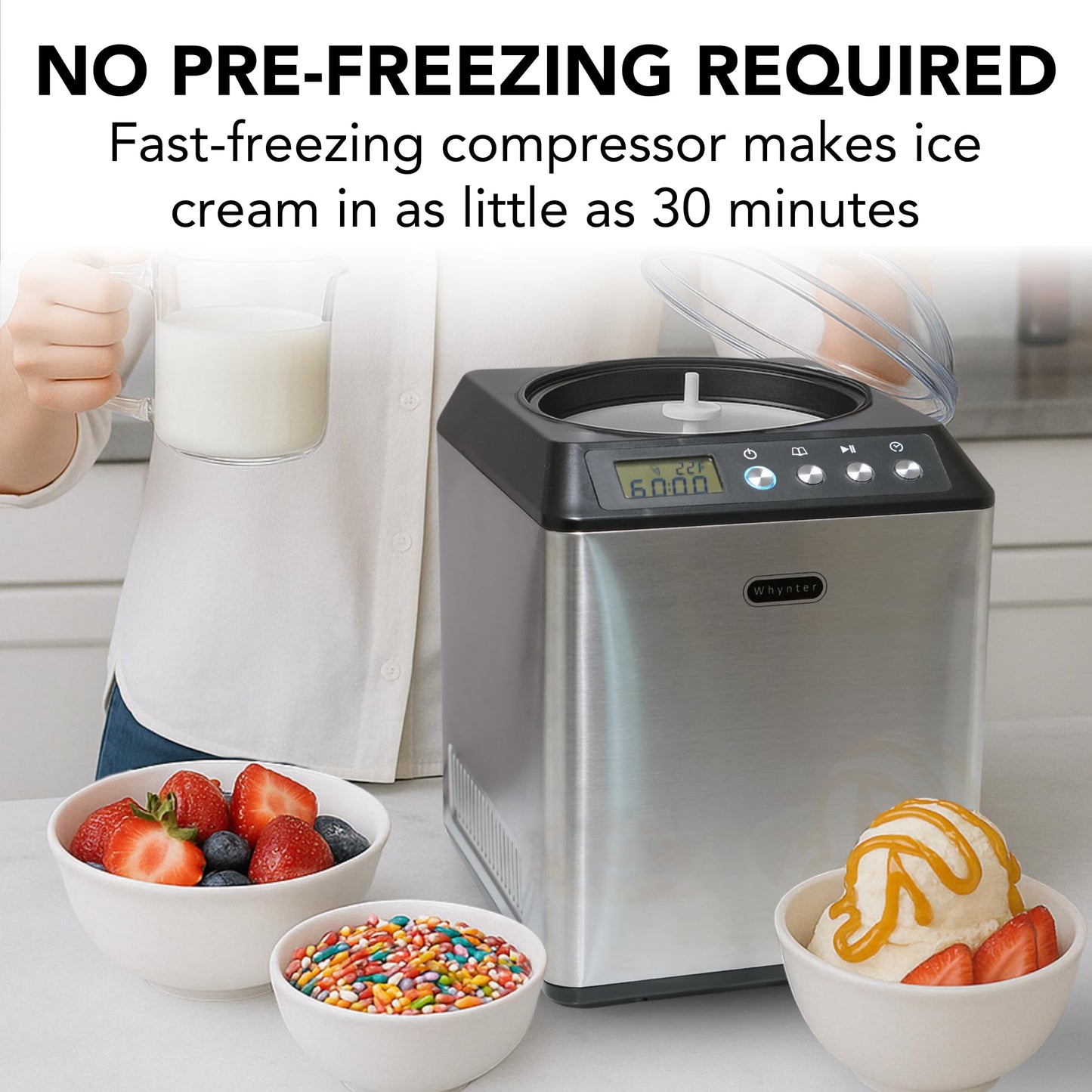 Whynter Ice Cream Maker Machine Automatic 2.1 Qt. Upright with Built-In Compressor, LCD Digital Display & Timer, No Pre-Freezing, ICM-201SB, Stainless Steel