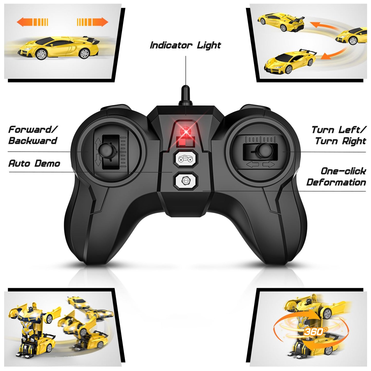 Qumcou Transform Remote Control Car, RC Cars for Boys Age 3-5 6-8, One-Button Transform Toy Cars, 2.4GHz, 360° Spin, 1:16 Scale, Flashing Headlight,3-8 Year Old Grandkids Christmas Birthday Gifts
