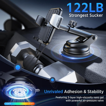ACMEZING 3-in-1 Car Phone Holder [122+LBS Strongest Suction & Stable Clamp Arm] 360° Adjustable Mount, Cell Phone Holders for Your All Car Models for Dashboard Vent, All Smartphones, Black