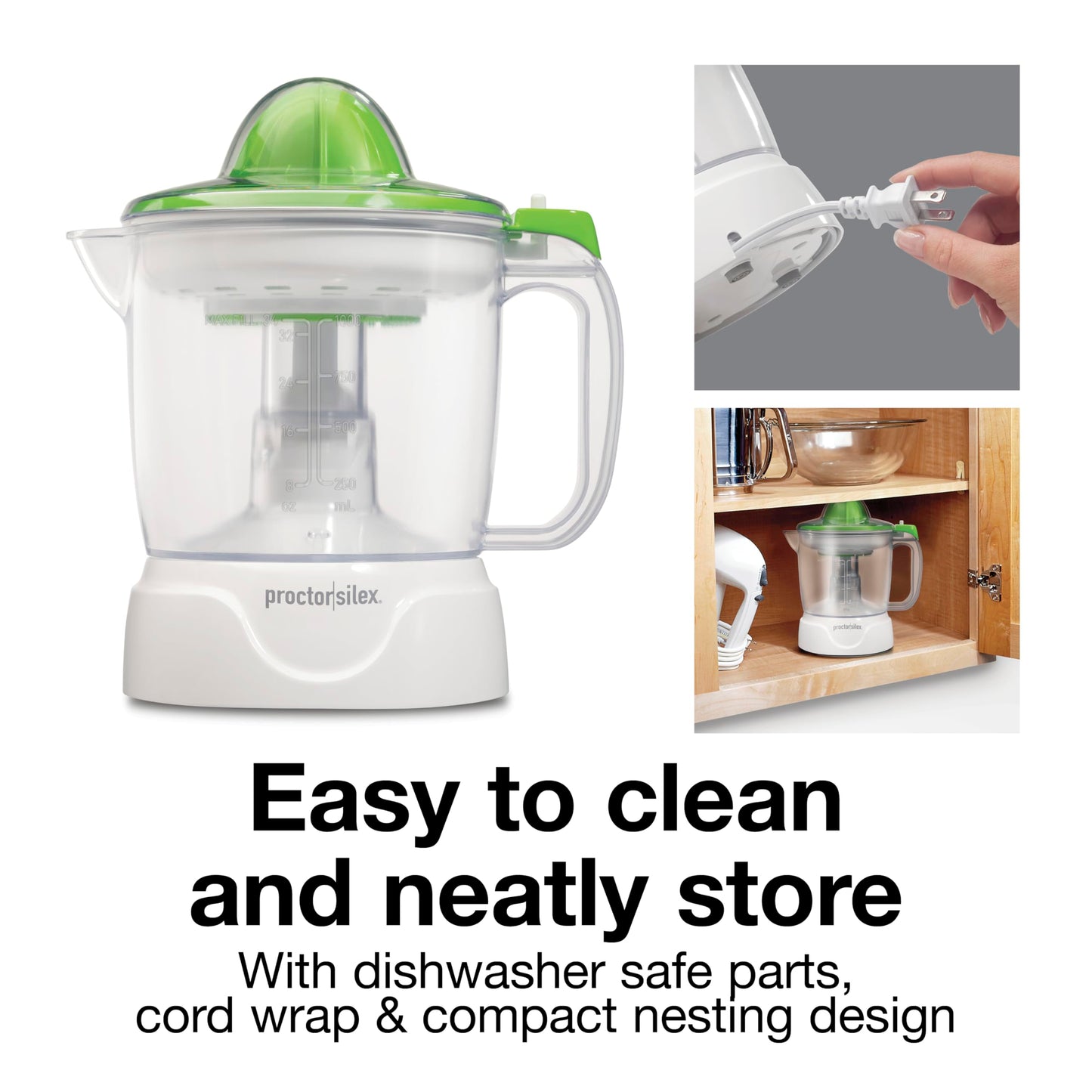 Proctor Silex Electric Citrus Juicer Machine, Large 34 oz. Pitcher, Pressure Activated, 2 Reamers for Big and Small Fruit, Pulp Control, for Orange, Lemon, Grapefruit Juice, White & Green (66340)