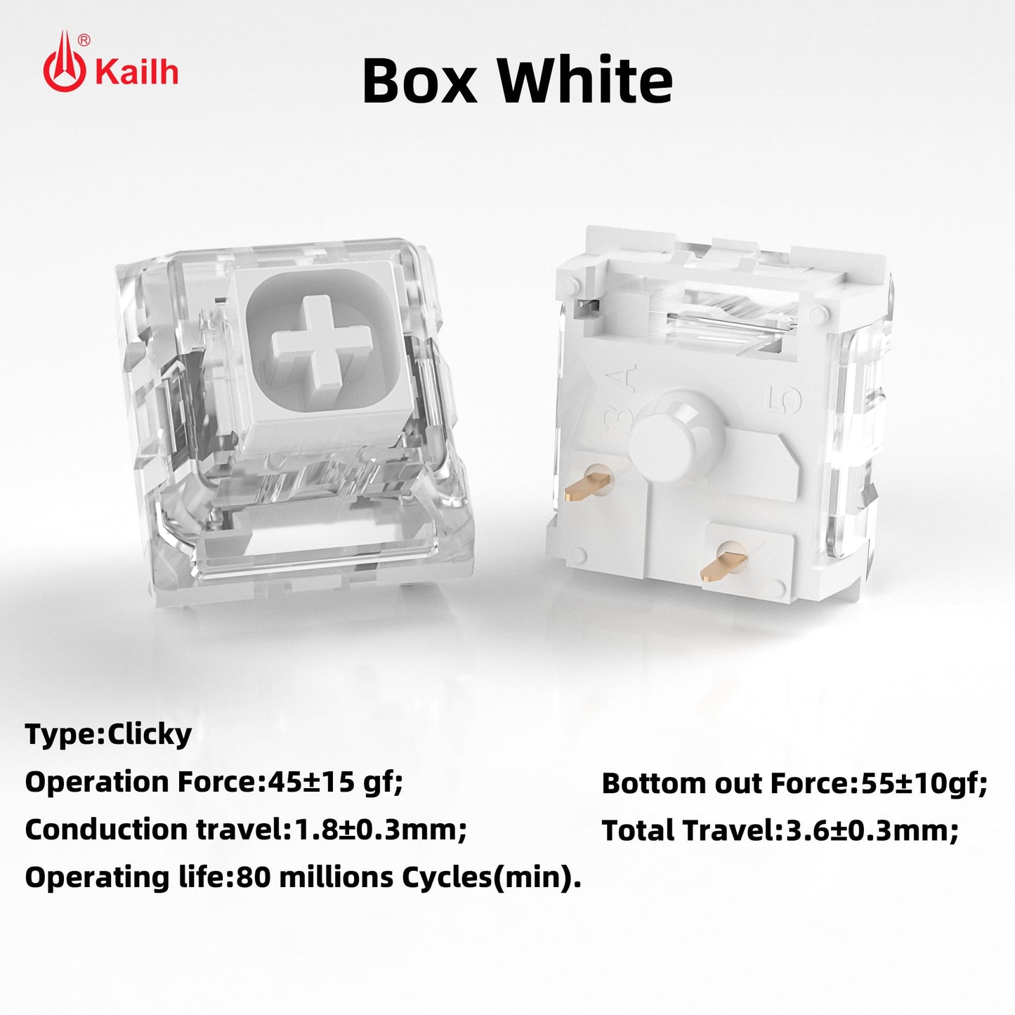 Kailh Box White Clicky Keyboard Switch,3-pin 45gf Pre-Lubed Dustproof Waterproof RGB SMD Key Switches for Mechanical Gaming Keyboard(White,45pcs)