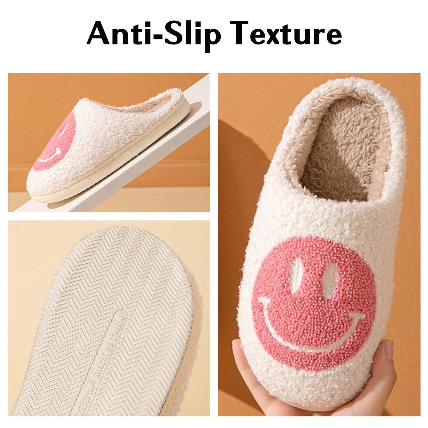 Bevaney Smile Face Slippers for Women, Soft Plush Smile Retro Preppy Slippers with Happy Face Slip-on Cozy Indoor Outdoor