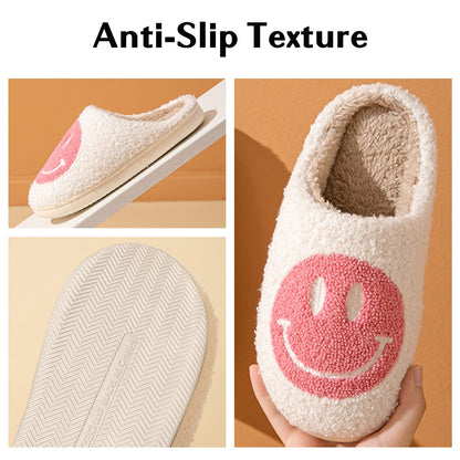 Bevaney Smile Face Slippers for Women, Soft Plush Smile Retro Preppy Slippers with Happy Face Slip-on Cozy Indoor Outdoor