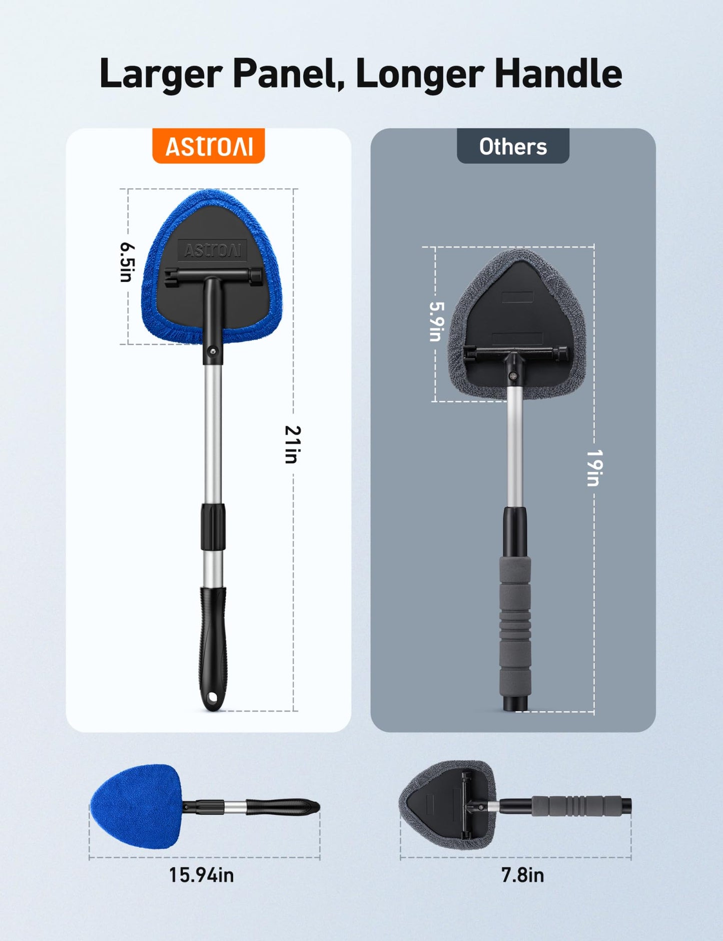 AstroAI Windshield Cleaner Tool, Car Interior Detailing Cleaning Kit with Extendable Handle and 4 Upgraded High-Density Reusable Microfiber Pads, Auto Glass Wiper Brush Kit for Cars, Blue, 15.9in-21in
