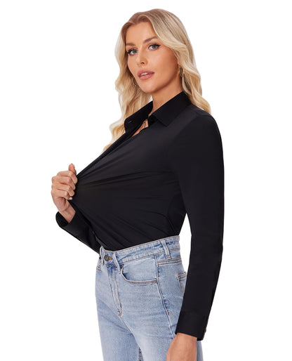 siliteelon Button Down Shirts for Women Slim fit Long Sleeve Stretch Dress Shirts Work Shirt Wrinkle Free Office Blouses Black Medium