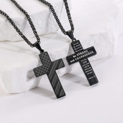 DuoDiner Black Cross Necklace for Men Boys Pendant Chain American Flag Joshua 1:9 Baptism Religious Christian First Communion Confirmation Jewelry Christmas Graduation Gifts Him Teenage Boys Age