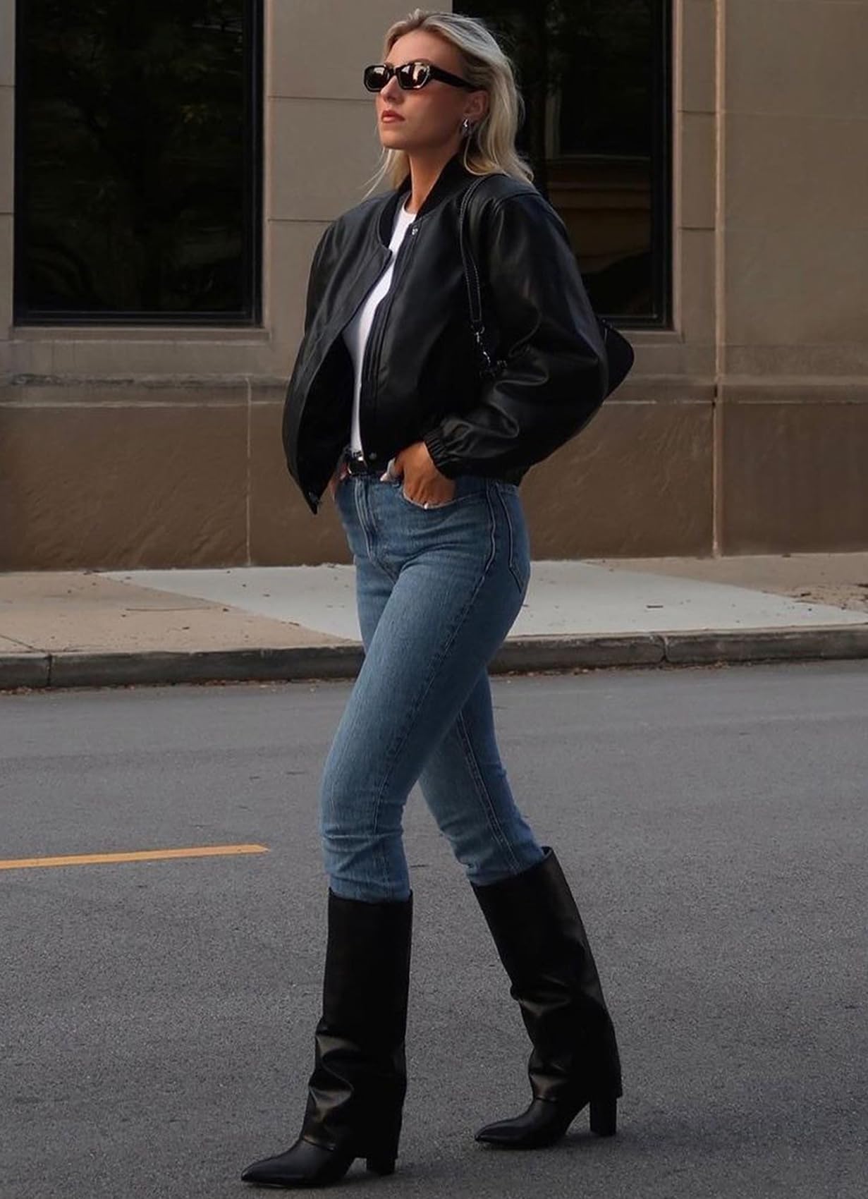 Modatope Women's Black Tall Boots, Fold Over Knee High, Block Heel, Size 7