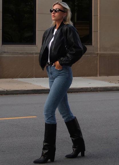 Modatope Women's Black Tall Boots, Fold Over Knee High, Block Heel, Size 7