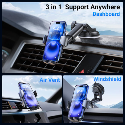 ACMEZING 3-in-1 Car Phone Holder [122+LBS Strongest Suction & Stable Clamp Arm] 360° Adjustable Mount, Cell Phone Holders for Your All Car Models for Dashboard Vent, All Smartphones, Black