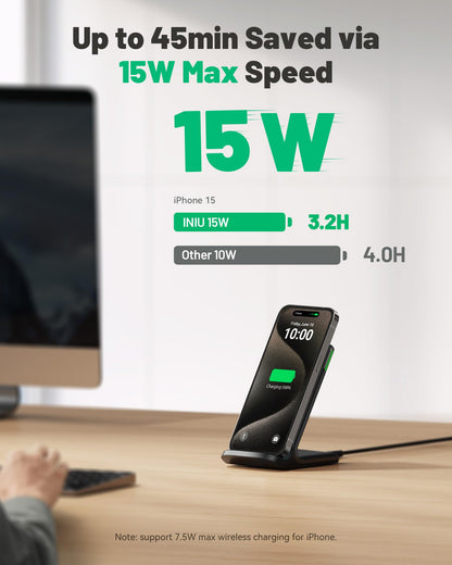 INIU Wireless Charger, 15W Fast Qi Certified Wireless Charging Station with Sleep-Friendly Adaptive Light Compatible with iPhone 17 16 15 14 13 12 Pro Max Samsung Galaxy S25 S24 S23 Note 20 Google etc
