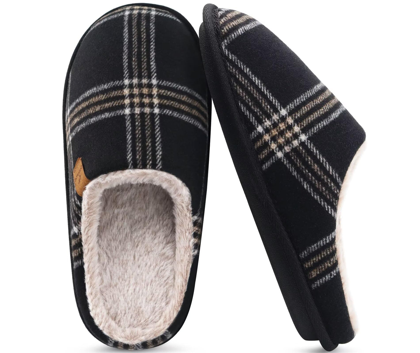 COFACE Mens Black Flano Plaid Cozy Memory Foam scuff Slippers Slip On Warm House Shoes Indoor/Outdoor With Best Arch Support Size 11