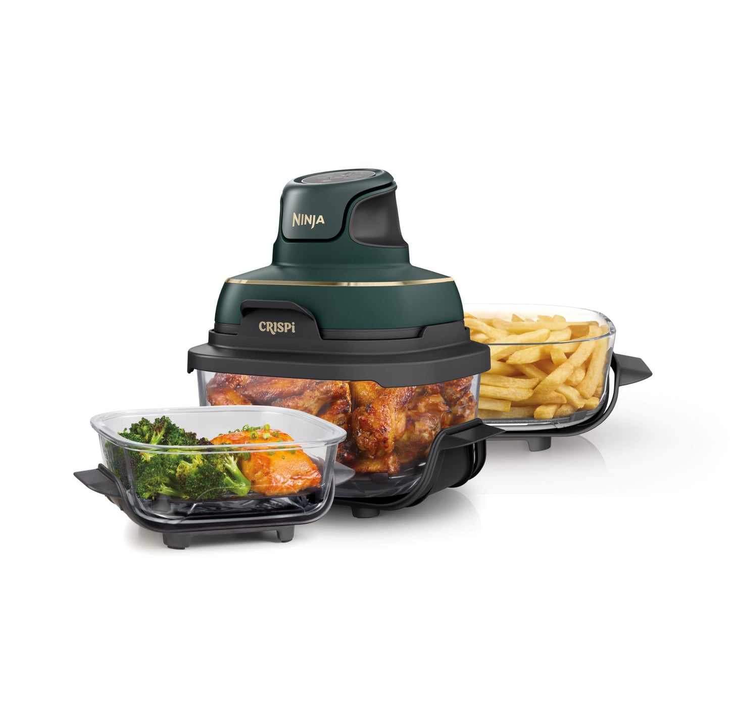 Ninja Crispi 5-in-1 Portable Glass Air Fryer, 4-QT, 2.5-QT & 6-Cup Glass Containers with Crisper Plates & Storage Lids, Microwave, Freezer & Dishwasher Safe, British Racing Green, FN103BF