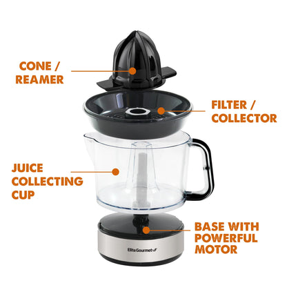 Elite Gourmet ETS623 BPA-Free Electric Citrus Juicer, Compact, Large Volume, Pulp Control, Oranges, Lemons, Limes, Grapefruits with Easy Pour Spout, 24oz, Black/Stainless Steel