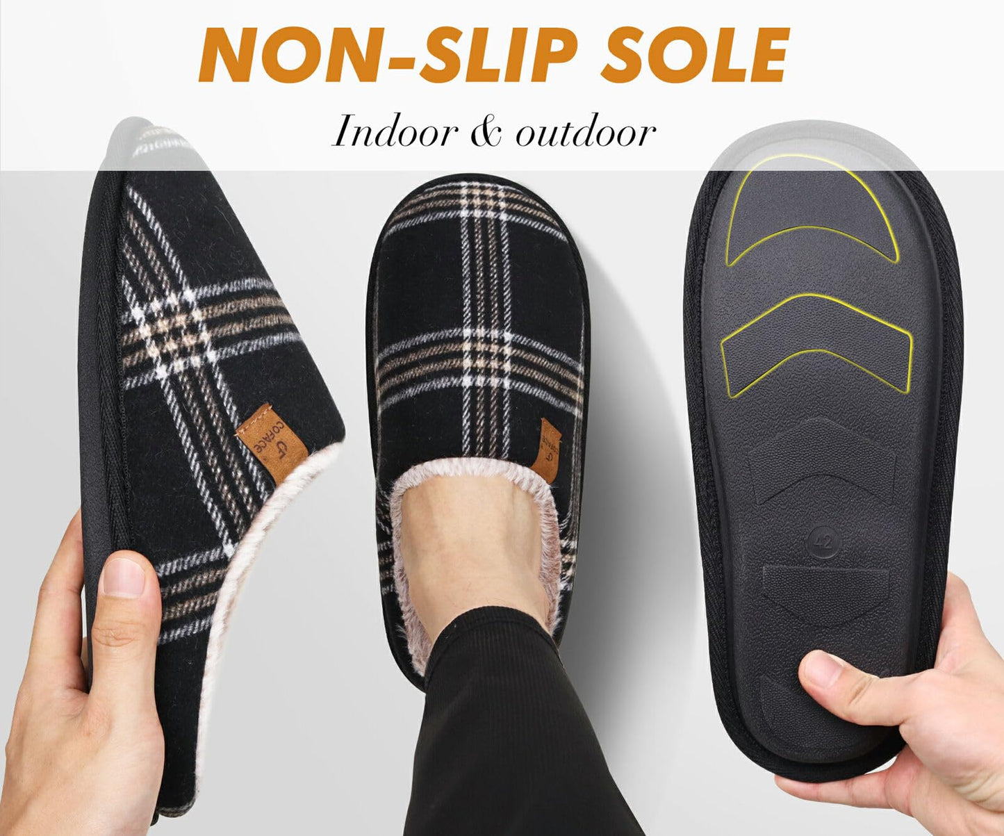 COFACE Mens Black Flano Plaid Cozy Memory Foam scuff Slippers Slip On Warm House Shoes Indoor/Outdoor With Best Arch Support Size 11