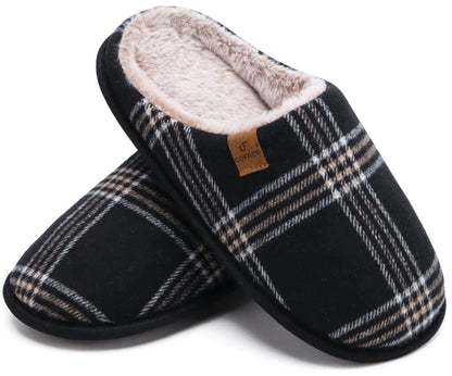 COFACE Mens Black Flano Plaid Cozy Memory Foam scuff Slippers Slip On Warm House Shoes Indoor/Outdoor With Best Arch Support Size 11
