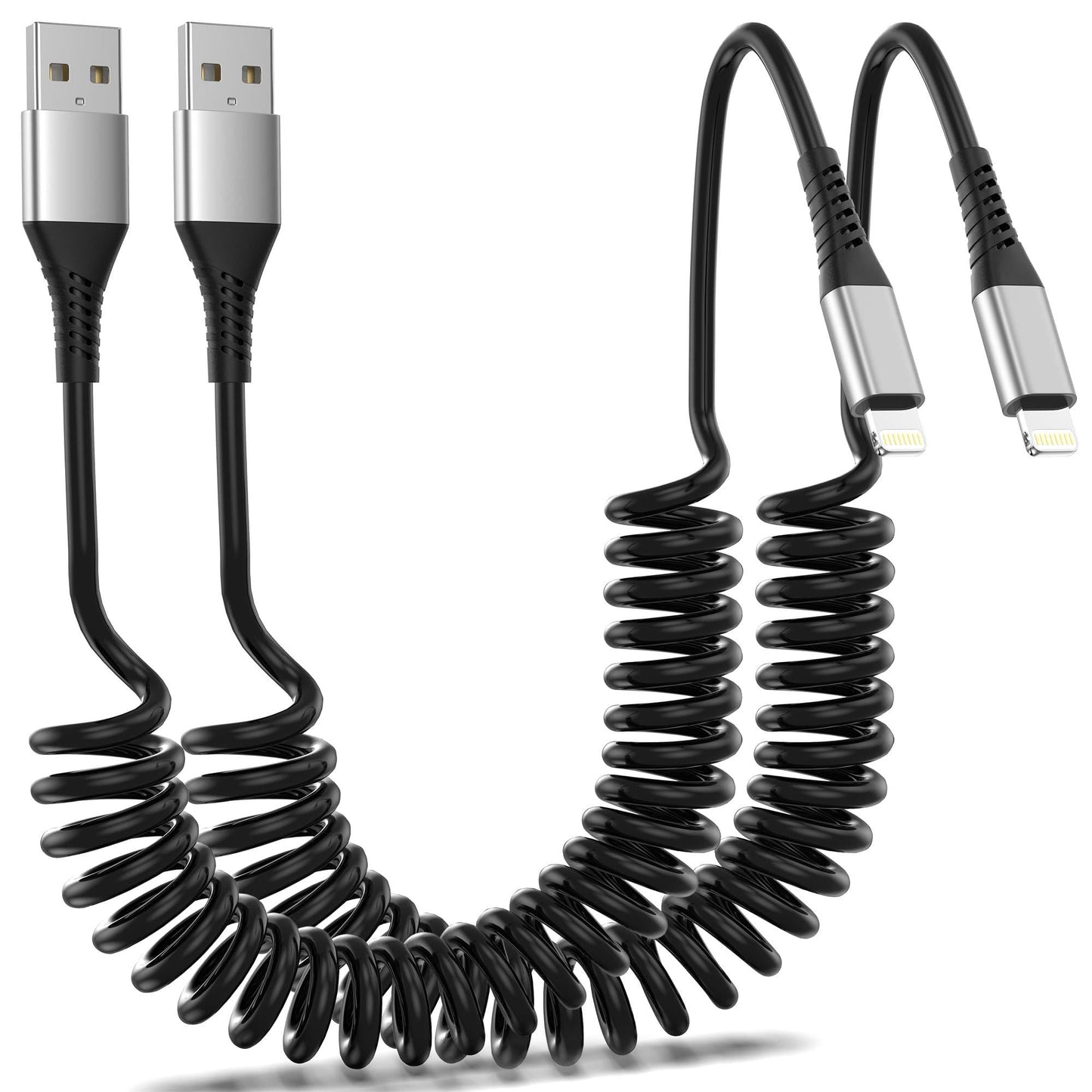 Coiled Lightning Cable for Car, 2Pack Retractable iPhone Charger Cable Fast Charging, [MFi Certified] Short Apple CarPlay USB to Lightning Cord for iPhone 14 13 12 11 Pro Max Mini XR XS 8 SE iPad