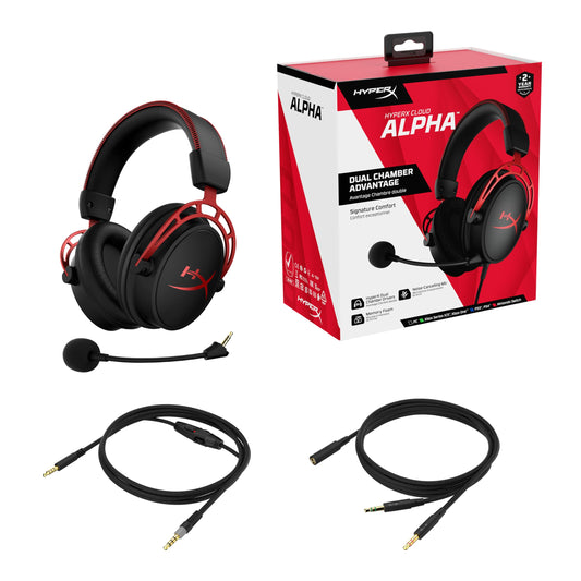 HyperX Cloud Alpha - Gaming Headset, Dual Chamber Drivers, Legendary Comfort, Aluminum Frame, Detachable Microphone, Works on PC, PS4, PS5, Xbox One/ Series X|S, Nintendo Switch and Mobile – Red