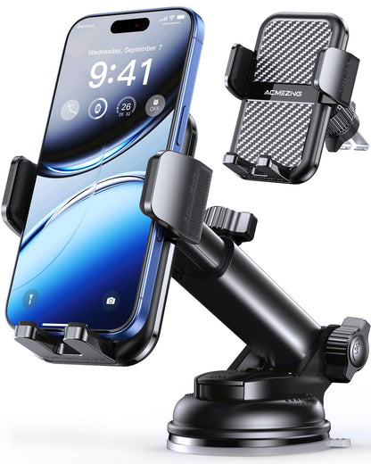 ACMEZING 3-in-1 Car Phone Holder [122+LBS Strongest Suction & Stable Clamp Arm] 360° Adjustable Mount, Cell Phone Holders for Your All Car Models for Dashboard Vent, All Smartphones, Black
