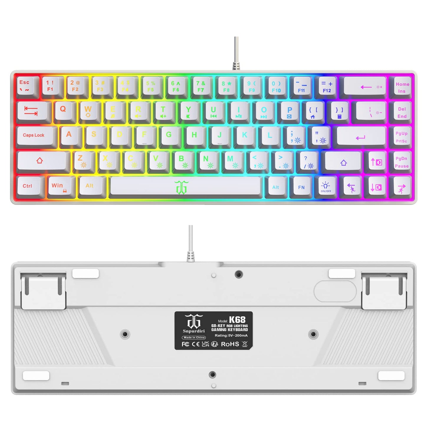 Snpurdiri 60% Percent Gaming Keyboard, Compact RGB Backlit Ergonomic Small Mini Keyboard for Windows, PC, Laptop, Gaming (68 Keys, White)