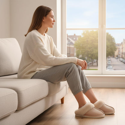 Donpapa Womens Slipper with Memory Foam Fluffy Soft Warm Slip On House Slippers Anti-Skid Cozy Plush for Indoor Outdoor Tan Large