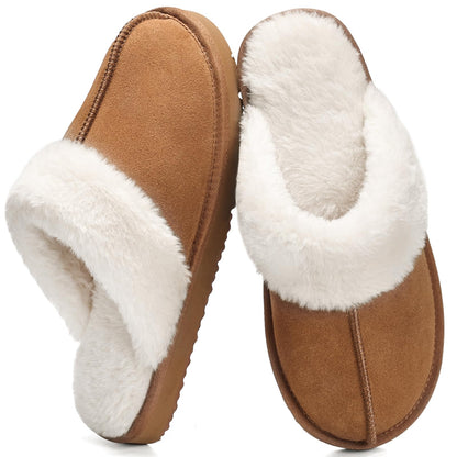 OOW Fuzzy Slippers for Women Cozy Faux Fur House Shoes Winter Warm Memory Foam Slippers for Indoor and Outdoor Chestnut Size 8.5