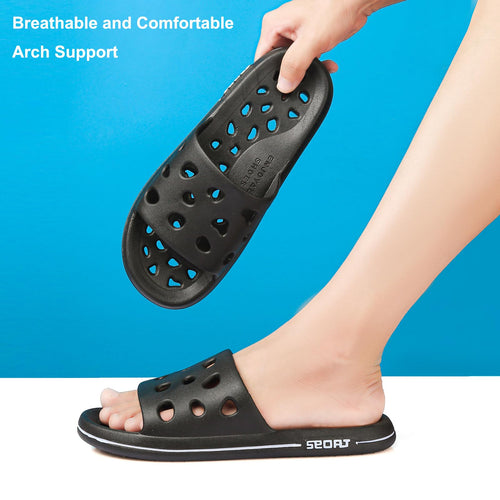 FINLEOO Shower Shoes for Women Men, Quick Drying Shower Sandals with Drain Holes Non-Slip Pool Slides Comfortable Lightweight House Slippers-Black