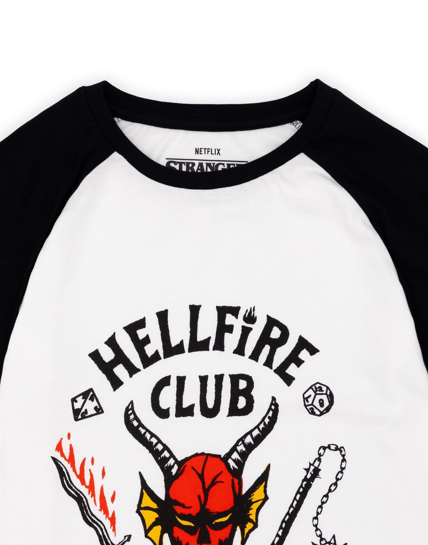 Stranger Things Hellfire Club Raglan Kids T-Shirt | Boys Girls Hawkins Society Eddie Black & White Outfit | Season 4 Merch