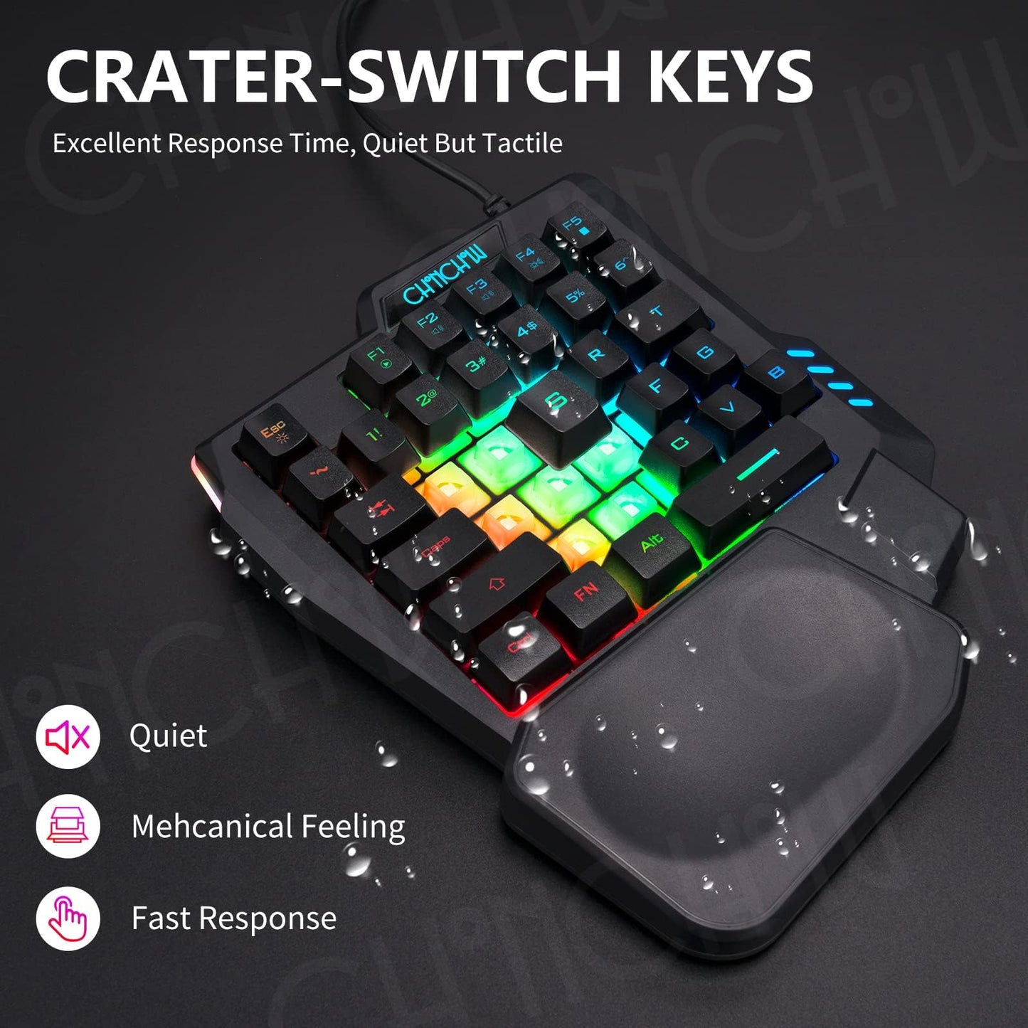 CHONCHOW One Handed Gaming Keyboard, 35 Keys, Rainbow LED, Wired USB, Ergonomic with Wrist Rest, Mini Portable, PS4/PS5/Xbox/PC/Laptop Compatible
