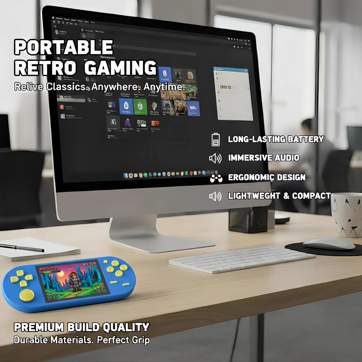 16-Bit Handheld Game Console - 3 Inch HD Screen 300-in-1 Retro Games - Portable Classic Video Game Player for Kids & Adults, Include Protective Carrying Case (Blue)