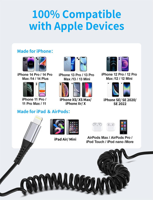 Coiled Lightning Cable for Car, 2Pack Retractable iPhone Charger Cable Fast Charging, [MFi Certified] Short Apple CarPlay USB to Lightning Cord for iPhone 14 13 12 11 Pro Max Mini XR XS 8 SE iPad