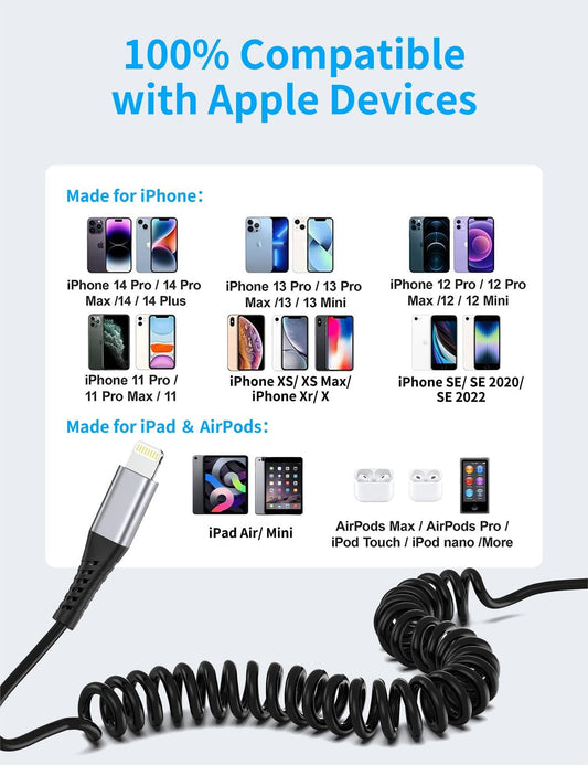 Coiled Lightning Cable for Car, 2Pack Retractable iPhone Charger Cable Fast Charging, [MFi Certified] Short Apple CarPlay USB to Lightning Cord for iPhone 14 13 12 11 Pro Max Mini XR XS 8 SE iPad