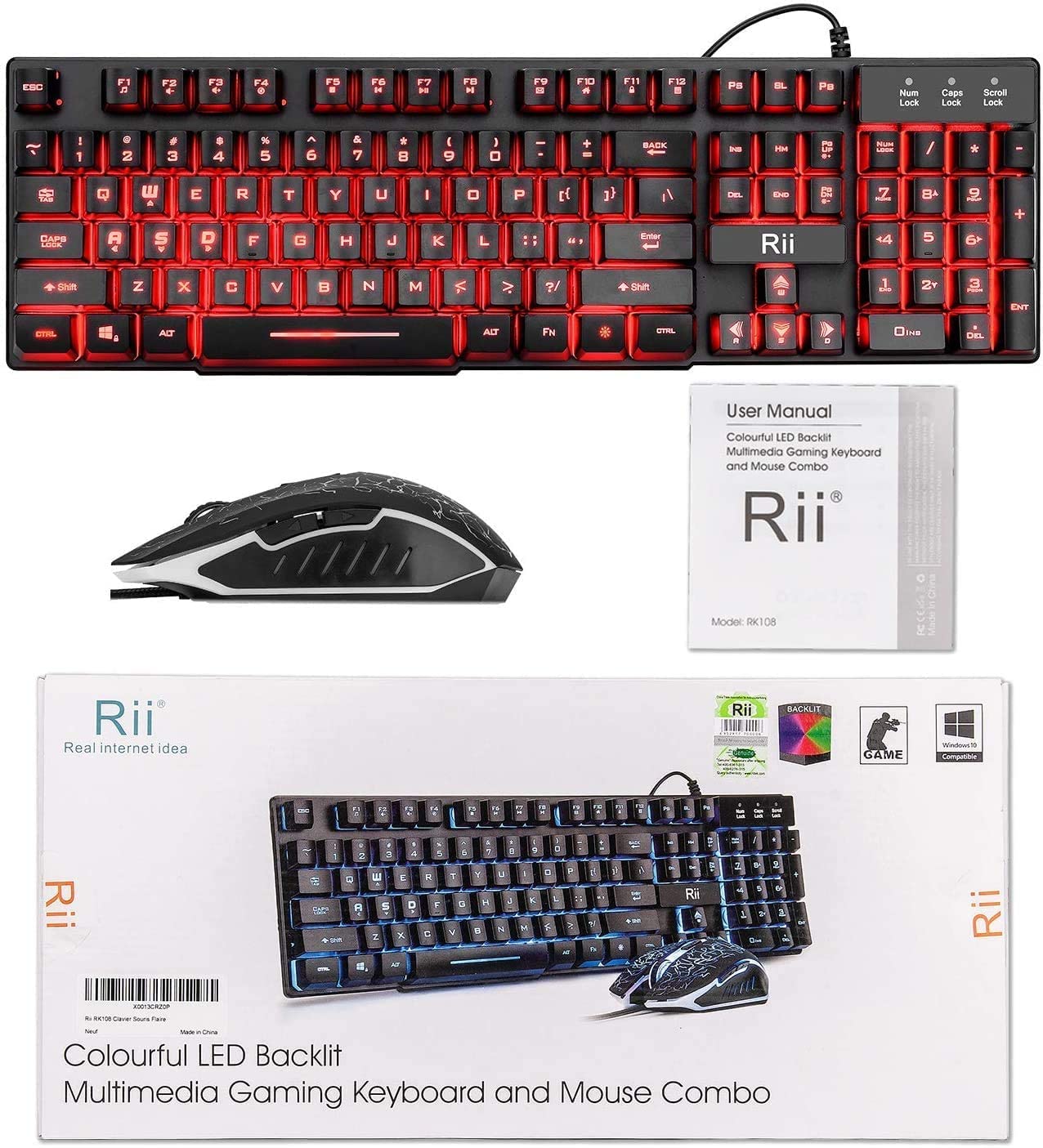 Rii Gaming Keyboard and Mouse Set, 3-LED Backlit Mechanical Feel Business Office Keyboard, Colorful Breathing Backlit Mouse for Working or Primer Gaming, Office Device (RK108)
