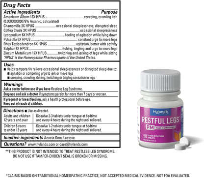 Hyland's Restful Legs PM, Nighttime Formula, Calms Agitated Legs so You Can Sleep, 50 Quick Dissolving Tablets